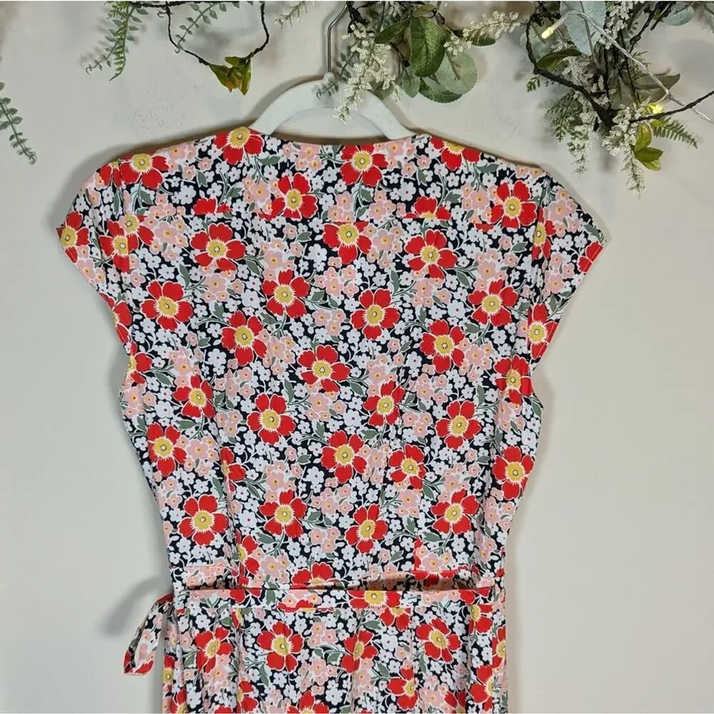 J. Crew Mercantile Floral Midi Wrap Short Sleeve Dress Viscose Red Pink